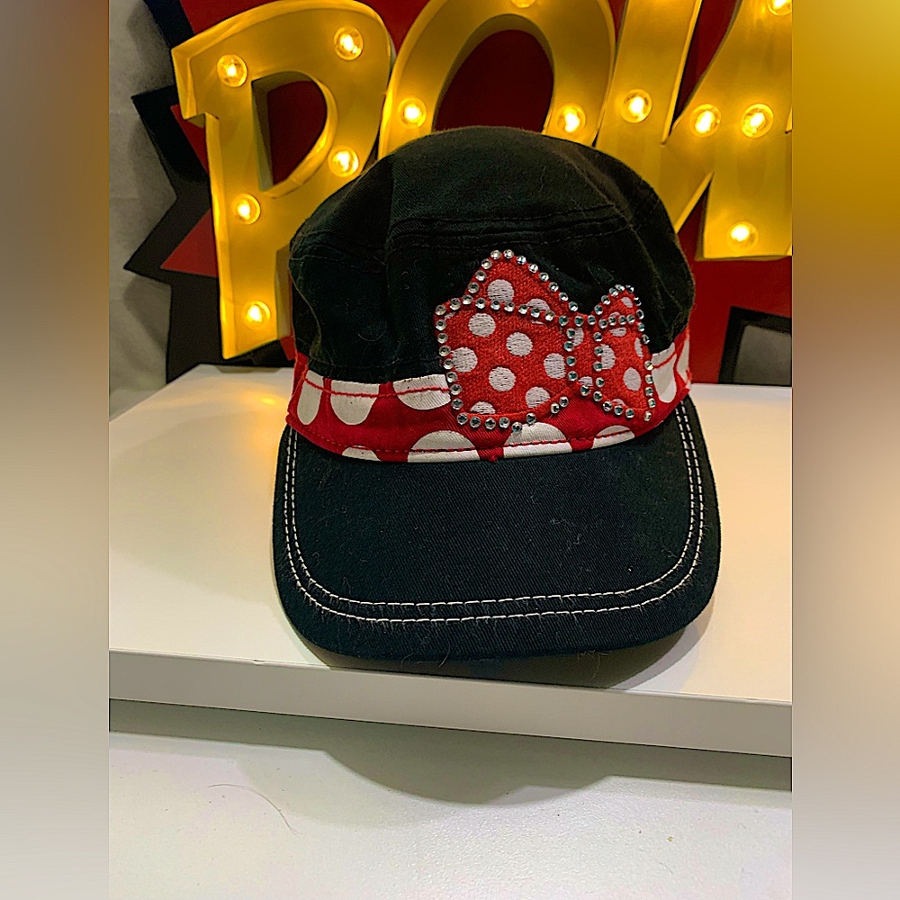 Disney Parks Minnie Mouse Hat Cap Rhinestones Bow Polka Dot Adjustable Adult